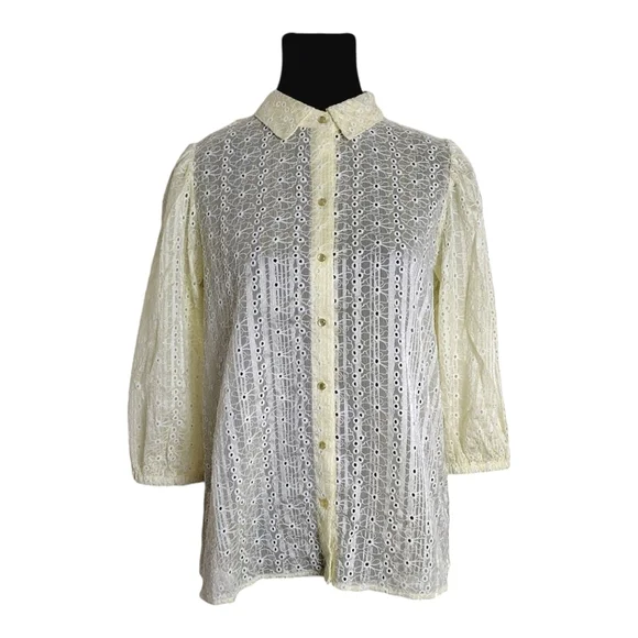 Nanette Lepore Eyelet Embroidery Blouse Three qtr Sleeve Pale Yellow Small - Picture 1 of 8